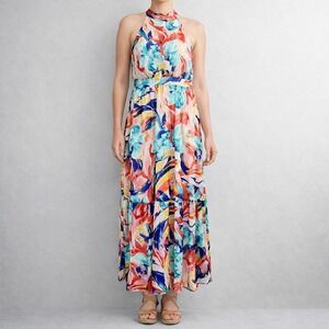 TAHARI ASL Size 10 Floral Chiffon Halter Neck Tie Back Tiered Maxi Sun Dress